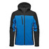 A hooded softshell jacket featuring a black and blue design with zippered pockets and a logo.