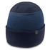 A navy beanie featuring a textured upper design and a smooth lower band with a logo.