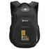 A black backpack featuring a logo, with multiple compartments and padded shoulder straps.