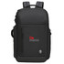A black backpack with multiple compartments and padded shoulder straps, featuring a logo on the front.