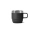 A stackable stainless steel mug in matte black featuring a silver rim and a sturdy handle.