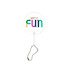 A mini PVC hand fan with a transparent circular design and multicoloured lettering, featuring a keychain attachment.