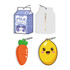 Custom shape index cards featuring a milk carton, carrot, and smiling lemon, all attached with a metal ring.