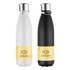 A drink bottle set featuring a white and a black vacuum drink bottle with a bamboo accent and a logo.