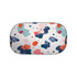 A light-blocking car sun shade featuring a multicoloured abstract pattern with blue, pink, and orange shapes.