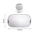 A light-blocking car sun shade in silver with black trim, featuring dimensions of 140cm by 80cm and a compact storage size of 42cm.