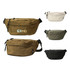 A large bum bag in brown, beige, olive green, and black, featuring a logo and multiple zippered compartments.