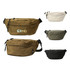 A large bum bag in khaki, cream, olive green, and black with a logo on the front.