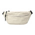 A large beige bum bag with a front zipper pocket and adjustable straps, featuring a logo.