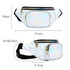 A holographic fanny pack in white, featuring two zippered compartments and adjustable straps.
