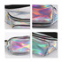 A holographic fanny pack featuring shimmering iridescent colours, with multiple zippered compartments and a black strap.