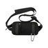 A black travel fanny pack with adjustable straps, a zipped pocket, and a carabiner attached.