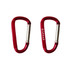 Two red carabiners are displayed, featuring an aluminum design and a logo on one side.