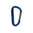 A blue 8cm carabiner with a metallic clip, featuring a simple design. It has a logo on the surface.