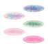 A set of oval iridescent alligator hair clips in pastel colours, including pink, green, and blue, with a logo.