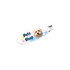 An oval acrylic hair clip featuring a dog's face and colourful abstract patterns, with a logo.