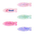 Four iridescent fish-shaped hair clips in pink, green, and blue hues, featuring a logo on one clip.