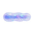 An iridescent alligator hair clip in shades of pastel purple and blue, featuring a wavy design and a logo.