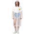 A transparent white raincoat with a hood and long sleeves, worn over denim shorts and white boots. It features a logo.