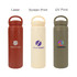 A drink bottle trio in red, cream, and olive green, featuring handles and various branding options.