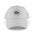 A white classic 5 panel trucker mesh cap featuring a logo on the front. The back is made of mesh fabric.