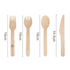 A pack of 100 disposable wooden cutlery including forks, spoons, knives, and 2-in-1 utensils. Natural wood colour.