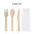 A pack of disposable wooden cutlery including forks, spoons, and knives in natural wood colour, packaged with a clear sleeve.