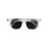 Clear-frame sunglasses with dark lenses and a modern design, featuring a logo on the side.
