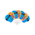 A seven-piece plastic hand fan featuring vibrant blue, pink, yellow, and green designs with a logo.