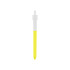 A yellow and white pen with a click mechanism and a clear section at the top. It features a logo.