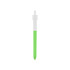 A green and white click pen with a smooth surface and a clear cap, featuring a logo on the barrel.