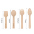 A pack of 100 disposable birch spoons and forks in natural wood colour, featuring different utensil shapes and sizes.