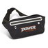 A black running belt with a zippered pocket and an adjustable strap, featuring a logo.