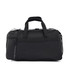 A black travel duffel bag with dual handles, a detachable shoulder strap, and a logo on the side.