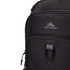 A black backpack featuring a front pocket and a logo. It has multiple zippers and a durable fabric.