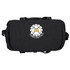 A black duffel bag with a logo featuring a gear and a character design.