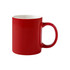 A red ceramic mug with a glossy finish and a sturdy handle, featuring a plain design.
