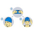 A silicone swim cap in blue, demonstrating the steps to wear it, with illustrations of hands and a swimmer.