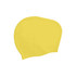 A yellow silicone swim cap designed for women with long hair, featuring a smooth, flexible material and a logo.