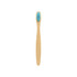 A small bamboo toothbrush with a natural bamboo handle and a light blue bristle head.