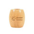 A bamboo toothbrush stand in a light wood colour with a logo on the front.