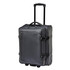 A black wheeled carry-on suitcase with a retractable handle and side straps, featuring a logo on the front.