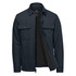 A navy men's jacket featuring a Sherpa-lined interior and two front pockets, with branding visible inside.