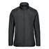 A black men's full zip jacket with a high collar and a sleek design. It features branding on the material.