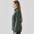 A side view of a women's full zip jacket in dark green, featuring a stand-up collar and a sleek design.