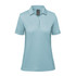 A light blue women's polo shirt with a collar and short sleeves. Features a logo on the design.