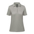 A women's polo shirt in a light grey colour. It features a collar, short sleeves, and has a branding logo.