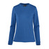 A women's long-sleeve tee in solid blue, featuring a rounded neckline and a logo.