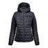 A women's puffer jacket in black, featuring a quilted design and a hood, with a front zipper and long sleeves.