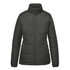 A dark green women's puffer jacket with a high collar and zip front, featuring a logo on the chest.